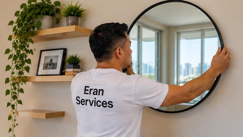 Eran hanging a round mirror on a wall