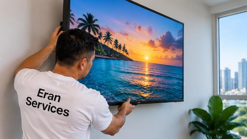 Eran mounting a flat-screen TV on a wall
